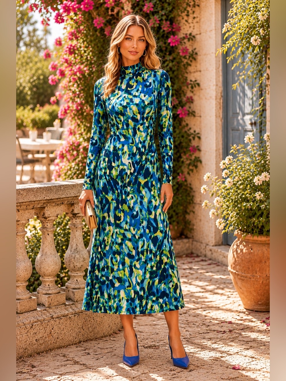 Maggy London Blue Multi-Print Long Sleeve Midi Dress